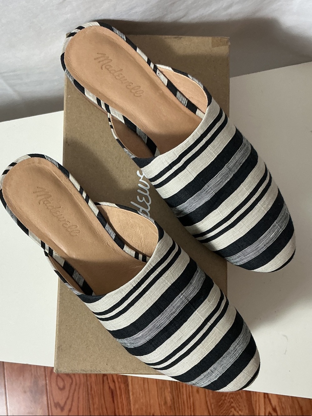 Madewell Black and White Striped Slip-On Mules